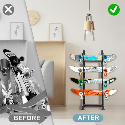 BiJun Skateboard Racks Floor Stand, 4-Layer Skateboard Holder,Snowboard Storage Rack, Skateboard Organizer Floor Stand for Deck, Longboard, Snowboard, Standard Skateboards, Mini Cruiser Skateboard