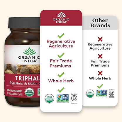 ORGANIC INDIA Triphala Capsules Organic - Herbal Supplement with Amla, Bibhitaki, Haritaki, Digestion & Colon Support, Immune System Support, Adaptogen, Vegan, USDA Certified Organic - 90 Capsules