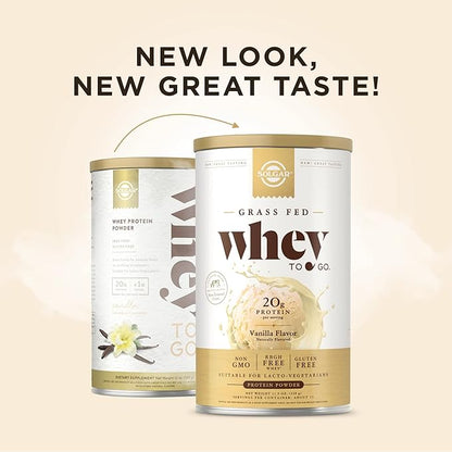 SOLGAR Grass Fed Whey to Go, Vanilla - 11.9 oz, Pack of 2 - Grass-Fed Whey Protein Powder - rBGH Free, Non-GMO, Gluten Free - 26 Total Servings