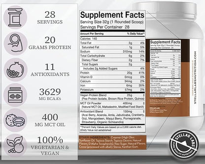 Stellar Labs Vegan Protein Powder with BCAA's & Antioxidants | Certified Low FODMAP, Non GMO, Gluten Free, Soy Free, Low Carb, with Stevia | Lean Plant Based Protein Powder Shakes | Chocolate