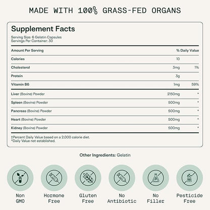Adapt Naturals Organ Supplement, Bioavailable Grass Fed Beef Liver Capsules, Blend of Liver, Heart, Kidney, Pancreas & Spleen, Support Liver Cleanse Detox & Repair | Source of CoQ10-30 Days Supply