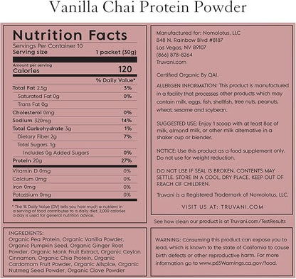 Truvani Vegan Pea Protein Powder | Vanilla Chai | 20g Organic Plant Based Protein | 10 Servings | Keto | Gluten & Dairy Free | Low Carb | No Added Sugar