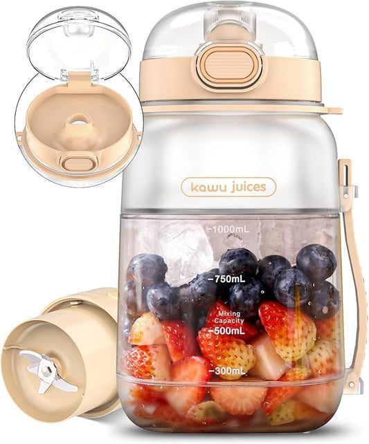 kawu Portable Blender, Portable Smoothie Blender On the Go, No-BPA, Portable Blenders for Shakes and Smoothies Leakproof-Lid and Sip Spout, USB-C Rechargeable, Recipes, with Handle/Strap, White