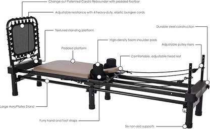 AeroPilates Reformer - Pilates Reformer Workout Machine for Home Gym - Cardio Fitness Rebounder- Up to 300 lbs Weight Capacity, Gray