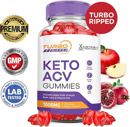 (5 Pack) Turbo Ripped Keto ACV Gummies Advanced Formula 1000MG Turbo Ripped Keto Gummies Apple Cider Vinegar Formulated with Pomegranate Beet Juice Powder B12 Vegan Non GMO 300 Gummys