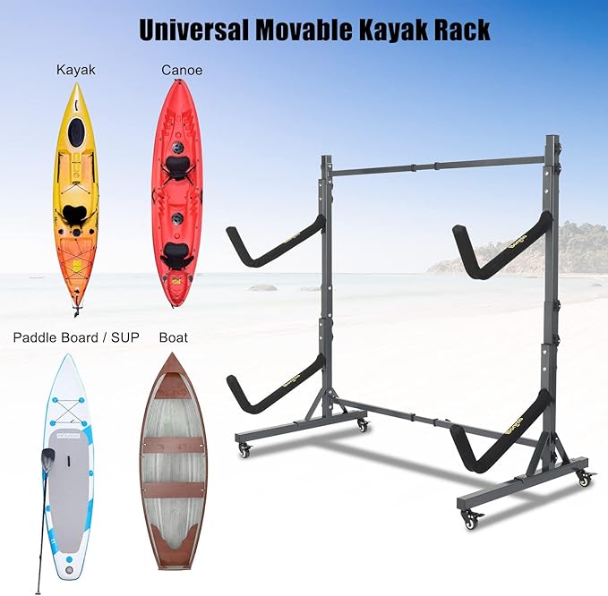 Bonnlo Kayak Stand Freestanding Storage Rack for Kayak Canoe Boat Paddle Board SUP Surfboard for Indoor Outdoor Garage, Shed, Dock with Lockable Wheels Wide Adjustable
