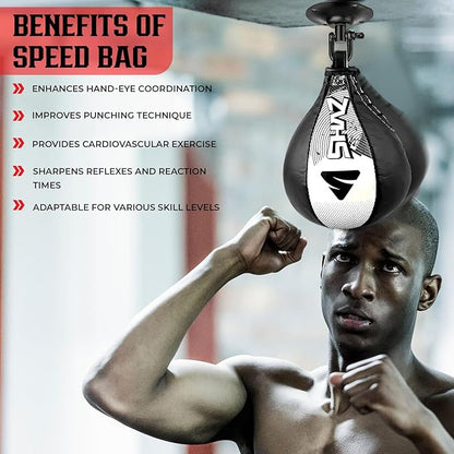 SHAZ Skin-Tec Leather Boxing Speed Bag with Swivel Punching Training Speedbag MMA Muay Thai Punch Speed Ball with Hanging Swivel Mount Dodge Striking Speedball