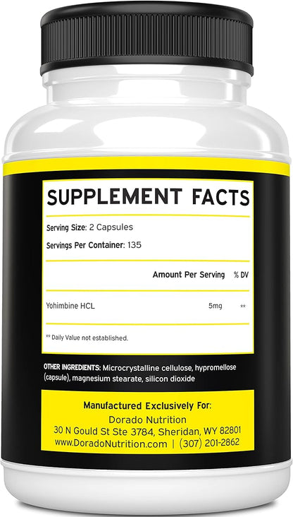 Yohimbine HCL 5mg For Men and Women (270 Capsules) - More Potent Than Yohimbe Bark Extract - Gluten Free & Non-GMO - USA Made - Quality Guarantee - Third Party Tested for Potency & Purity