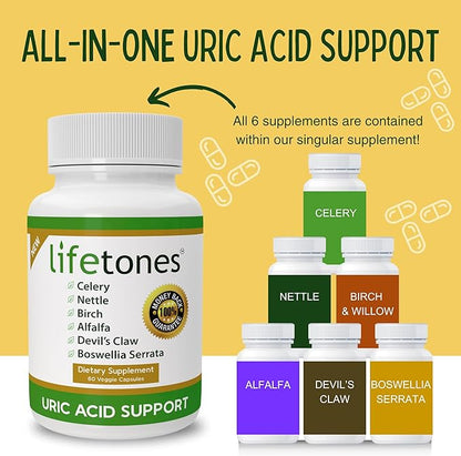 Lifetones Uric Acid Support - Herbal Joint Cleanse for Men and Women - Natural Remedy, Flexibility Boost - Non-GMO, Gluten-Free - 60 Vegan Vitamins