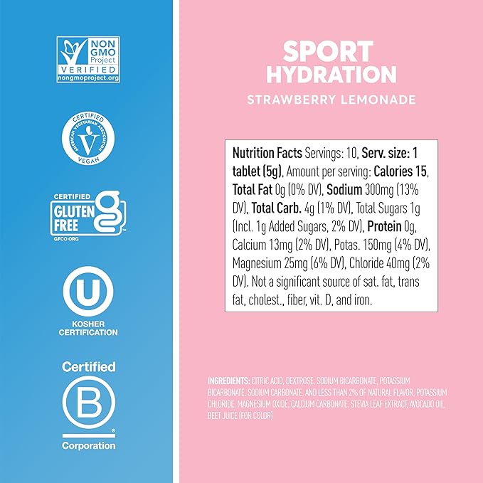 Nuun Sport Electrolyte Tablets - Dissolvable in Water, Strawberry Lemonade, 5 Essential Electrolytes for Hydration, 1g Sugar Drink Mix, Vegan, Non GMO, 4 Pack (40 Total Servings)