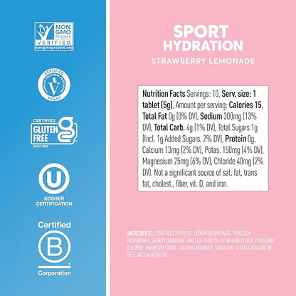 Nuun Sport Electrolyte Tablets - Dissolvable in Water, Strawberry Lemonade, 5 Essential Electrolytes for Hydration, 1g Sugar Drink Mix, Vegan, Non GMO, 4 Pack (40 Total Servings)