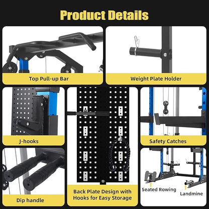 Multi-Function Power Cage, Power Rack with Dual Independent Pulley System, 2000LB Capacity Workout Cage with Adjustable Cable Crossover System and Training Attachment, Squat Rack for Home Gym