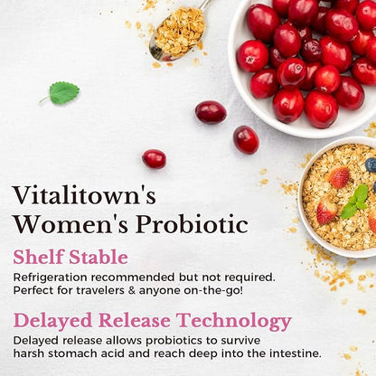 Vitalitown Women's Probiotics 120 Billion CFUs 1 Daily, 30 Strains, with Prebiotics & Digestive Enzymes & Cranberry, Gut & Vaginal Health, Vegan 60 Delayed Release Caps