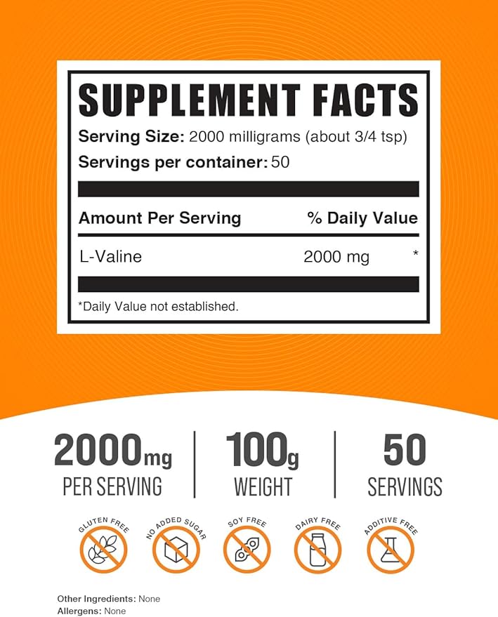 BulkSupplements.com L-Valine Powder - Valine Supplement, Valine Amino Acids - BCAA Supplement, L-Valine 2000mg - Gluten Free, 2000mg per Serving, 100g (3.5 oz) (Pack of 1)