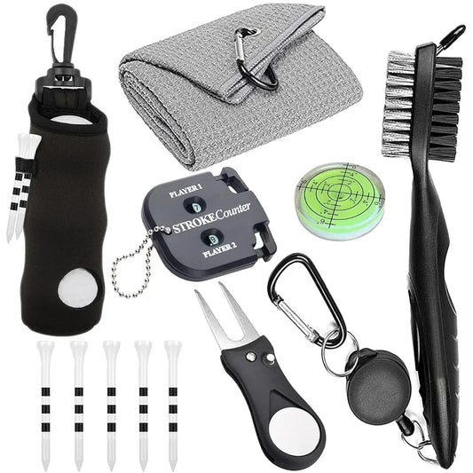 11 Pcs Golf Accessories Kit, Include Golf Tees Golf Towel Golf Ball Bag with Hook Cleaner Brush Golf Ball Marker Golf Divot Tool Golf Score Counter