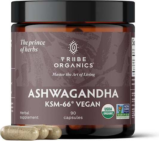 TRIBE ORGANICS Vegan Ashwagandha KSM 66 Pure Organic Root Powder Extract Ayurvedic Supplement - Focus Mood Support Increase Energy Strength 600mg of Natural KSM66 for Superior Absorption - 90 Capsules