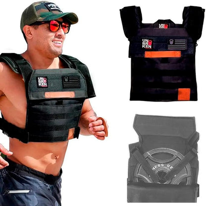 Unbrokenshop.com Adjustable Weighted Vest, WOD Cross Fitness, Weight Plates Carrier for Strength and Endurance Training and Running. For Men or for Women, 2 Patches Included [Black]