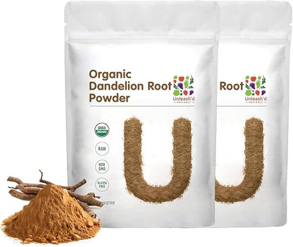 UNLEASH'D ORGANIC Organic Dandelion Root Powder 2-Pack for Tea and Beverages Vegan Friendly Detoxifies and Supports Digestive Health