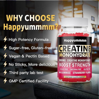 Creatine Monohydrate Gummies 5000mg for Men & Women, Chewables Creatine Monohydrate for Muscle Strength, Muscle Builder, Energy Boost, Pre-Workout Supplement(90 Count)-Strawberry.
