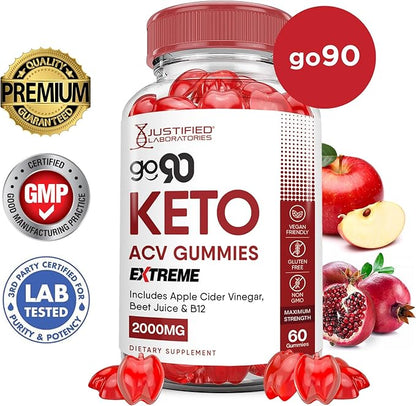 (3 Pack) Go 90 Keto ACV Gummies Extreme 2000MG Go90 Keto Gummies Apple Cider Vinegar Formulated with Pomegranate Beet Juice Powder B12 Vegan Non GMO 180 Gummys