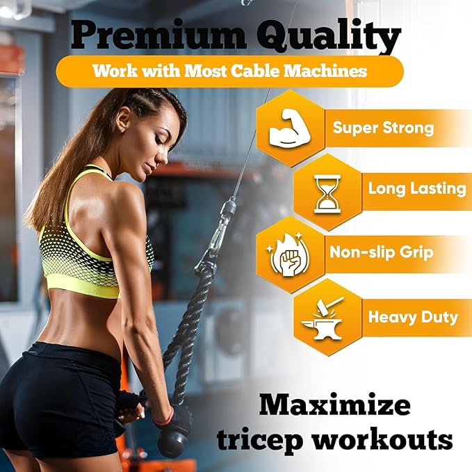 Double Length Tricep Pull Down Rope - 54 Inches Attachment for Cable Machine - Heavy Duty Long Tricep Pull Down Rope