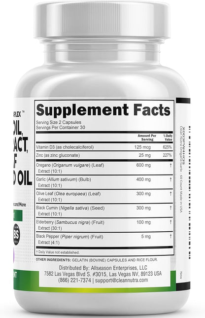 Clean Nutraceuticals Oregano Oil Garlic Extract Olive Leaf Black Seed Oil - Immune Support & Digestive Health Supplement for Women and Men with Vitamin D3 & Zinc - 2Pack