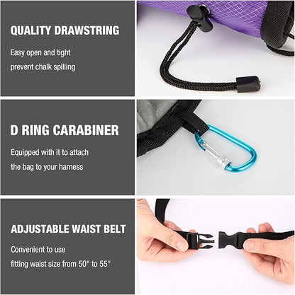 MoKo Rock Climbing Chalk Bag, Bouldering Chalk Pot Bucket with Adjustable Belt & Carabiner Drawstring Climbing Gear