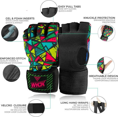 WYOX Gel Boxing Hand Wraps Inner Gloves for Men & Women, 80cm Quick Wrist Straps, Padded Knuckle Protection for Muay Thai Kickboxing, Hand Wraps for Boxing & Martial Arts
