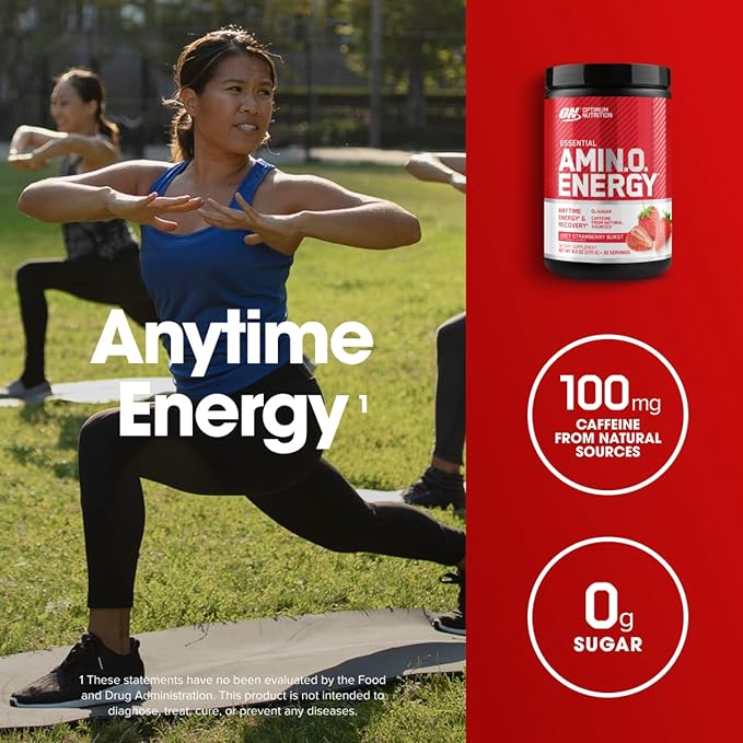 Optimum Nutrition Amino Energy - Pre Workout with Green Tea, BCAA, Amino Acids, Keto Friendly, Green Coffee Extract, Energy Powder - Juicy Strawberry Burst, 30 Servings (Packaging May Vary)