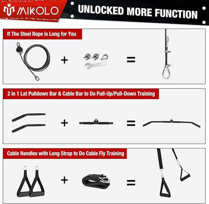 Mikolo Upgraded Weight Lift Pulley System - LAT Pulley Attachments with Adjustable Length Cable for Full Body Training, Home Gym Set, 2023 Version