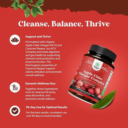 Cleansing Apple Cider Vinegar Capsules - ACV Cleanse and Detox Pills for Gut and Digestive Health with Slimming Cayenne - Extra Strength ACV Capsules for Gut Cleanse and Full Body Detox (60 Servings)