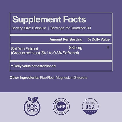 Pure Saffron Extract - Appetite Suppressant for Weight Loss Women & Men - Natural Hunger & Craving Control Supplement - Saffron Supplements for Energy & Mood Lift - 90 Capsules - Made in USA