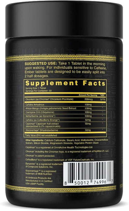 Ambrosia Ember™ Thermogenic Fat Burner & Appetite Support Supplement Pills for Healthy Weight Management, Appetite Support for Men and Women with CapsiMax™, African Mango, and CoQ10