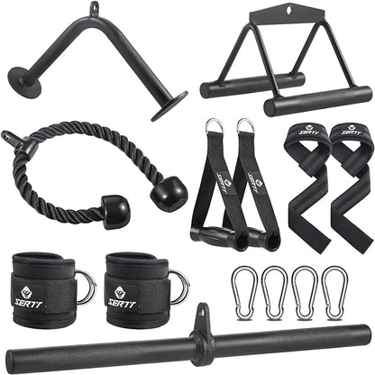 SERTT Workout Cable Machine Attachment for Home Gym, LAT Pulldown Attachments, Cable Accessories for Weight Training, Straight Pull Down Bar, Tricep Rope, Double D Row Handle, V-Shaped Bar