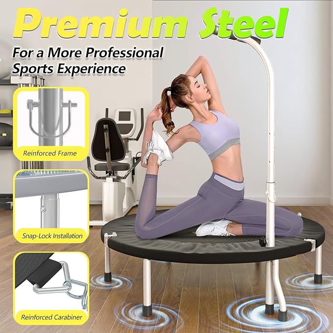 SkyBound Boogie Bounce Elite Foldable Mini Trampoline Fitness Rebounder with Adjustable T-Bar Handle - Exercise Trampoline for Adult - Fitness Trampoline for Workout Trainer