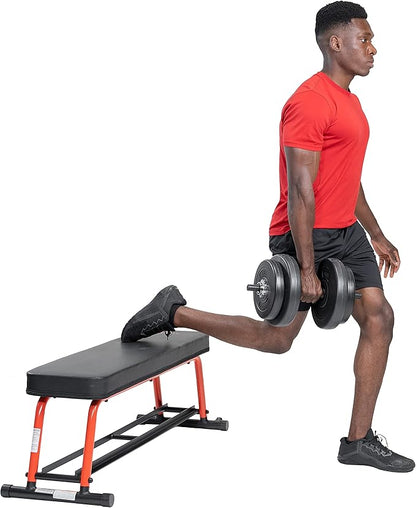 Sunny Health & Fitness Flat Weight Bench Optional Dumbbell Rack for Strength Training, Full Body Workout, Exercise, Home Gym
