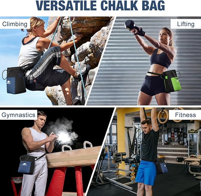 Rhino Valley Chalk Bag for Rock Climbing, No Leak Magnetic Climbing Chalk Bag with Handle, Climbing Chalk Bucket Gear with Adjustable Belt Zipper Pockets for Cross Fit, Weight Lifting