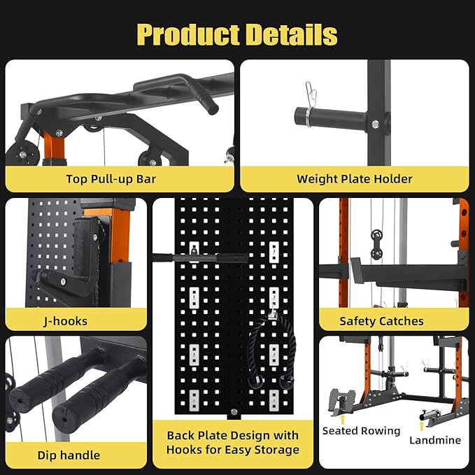 Multi-Function Power Cage, Power Rack with Dual Independent Pulley System, 2000LB Capacity Workout Cage with Adjustable Cable Crossover System and Training Attachment, Squat Rack for Home Gym
