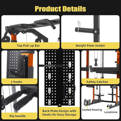 Multi-Function Power Cage, Power Rack with Dual Independent Pulley System, 2000LB Capacity Workout Cage with Adjustable Cable Crossover System and Training Attachment, Squat Rack for Home Gym