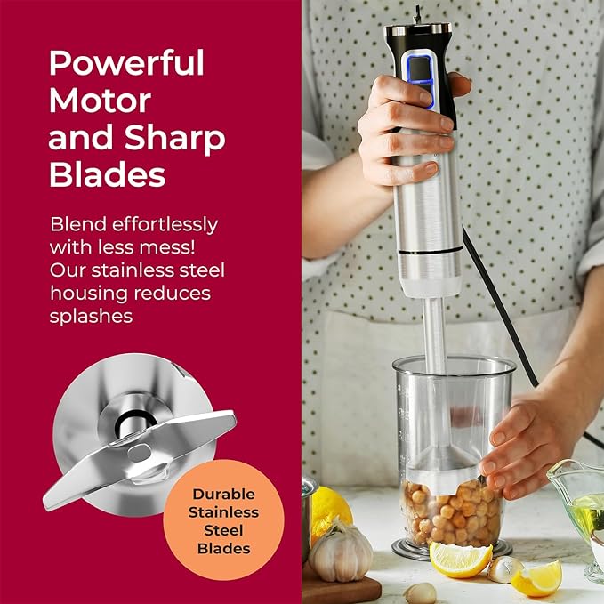 MuellerLiving Immersion Hand Blender Full Set - 8 Speed Immersion Blender, Hand Mixer with 7 Attachments: Stainless Steel Blade, Whisk, Milk Frother, Beater, Mixing Hooks, Potato Masher, Chopper Bowl