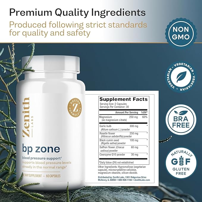 Zenith Labs BP Zone Natural Blood Pressure Supplement Advanced Formula Blood Pressure Capsules - Herbal Extract Pills to Help Lower BP Naturally - Circulatory, Cardiovascular Health Support - 3 Pack