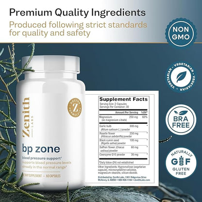 Zenith Labs BP Zone Natural Blood Pressure Supplement Advanced Formula Blood Pressure Capsules - Herbal Extract Pills to Help Lower BP Naturally - Circulatory, Cardiovascular Health Support - 3 Pack