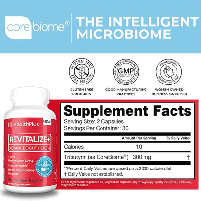 Health Plus Revitalize+ Corebiome Tributyrin Postbiotics for Complete Digestive Health, Leaky Gut, Colon | Gut Health Supplements for Men & Women | 60 Capsules, 30 Servings