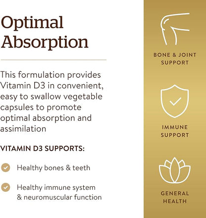 Solgar Vitamin D3 (Cholecalciferol) 125 mcg (5000 IU), 240 Vegetable Capsules - Helps Maintain Healthy Bones & Teeth - Immune System Support - Non-GMO, Gluten Free, Dairy Free, Kosher - 240 Servings