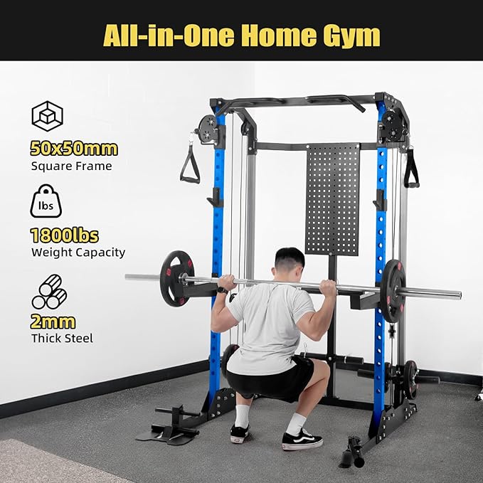 Multi-Function Power Cage, Power Rack with Dual Independent Pulley System, 2000LB Capacity Workout Cage with Adjustable Cable Crossover System and Training Attachment, Squat Rack for Home Gym