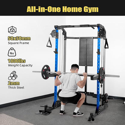 Multi-Function Power Cage, Power Rack with Dual Independent Pulley System, 2000LB Capacity Workout Cage with Adjustable Cable Crossover System and Training Attachment, Squat Rack for Home Gym