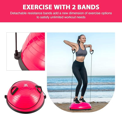 ZELUS Balance Ball Trainer with Resistance Bands and Foot Pump, Inflatable Yoga Ball for Home Gym Workouts, 23 Inch Exercise Half Ball for Balance Training Core Strength Fitness More, 330lb Cap