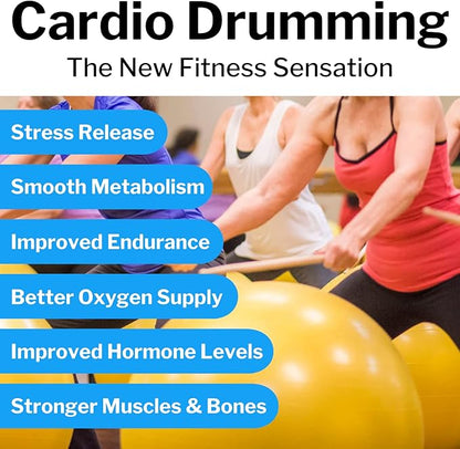 Cardio Drumming Equipment Set - 26" Exercise Ball with Pump and Weighted Cardio Drumming Sticks with Grips - Fitness Yoga Ball Drumsticks Workout for Balance, Rhythm, Aerobic Moves, Dance, Gymnastics