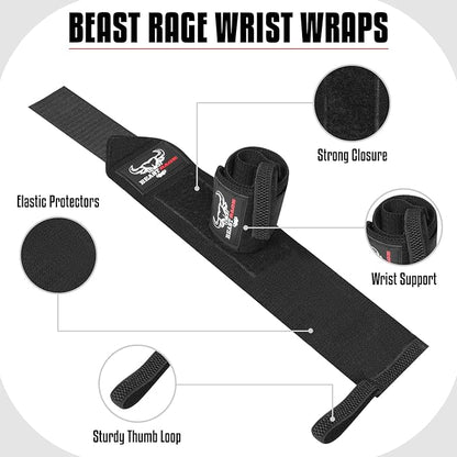 BEAST RAGE Wrist Wraps for Weightlifting - Adjustable Lifting Straps With Thumb Loop for Enhanced Gym Support, Powerlifting, Bodybuilding and Workout