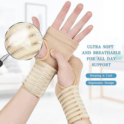 Wrist Brace, 2 Pack Elastic Wrist Support with Strap, Wrist Compression Wrap Adjustable Wrist Strap Relieves Wrist Pain, Tendonitis, Sports Use for Men and Women, Right & Lef(cream color)